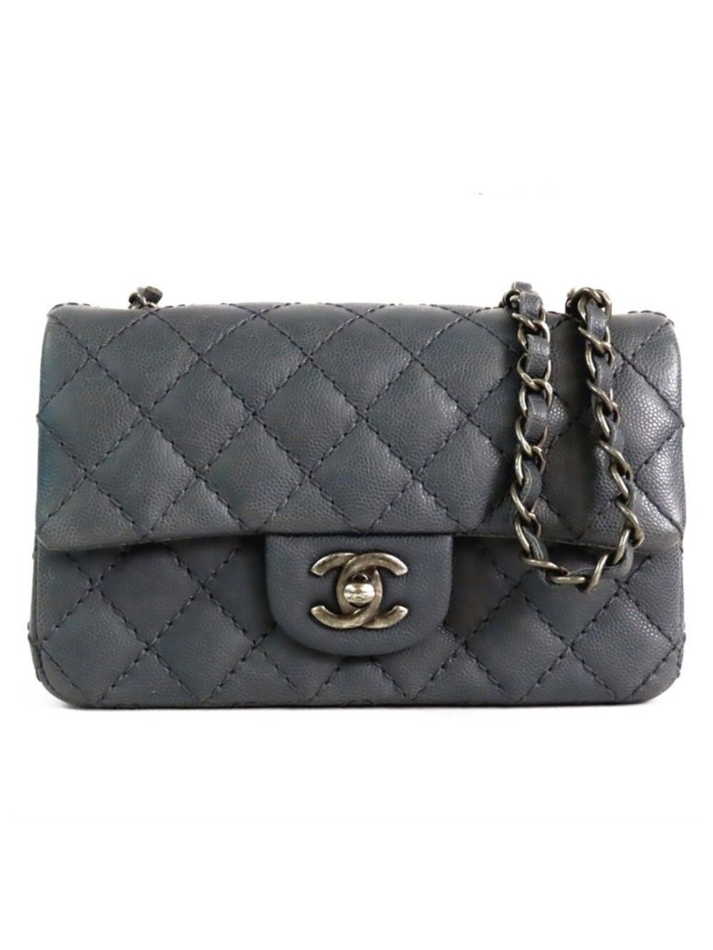 Chanel Mini Quilted 20 Single Flap Bag Dark Gray Silver Caviar Leather Chain